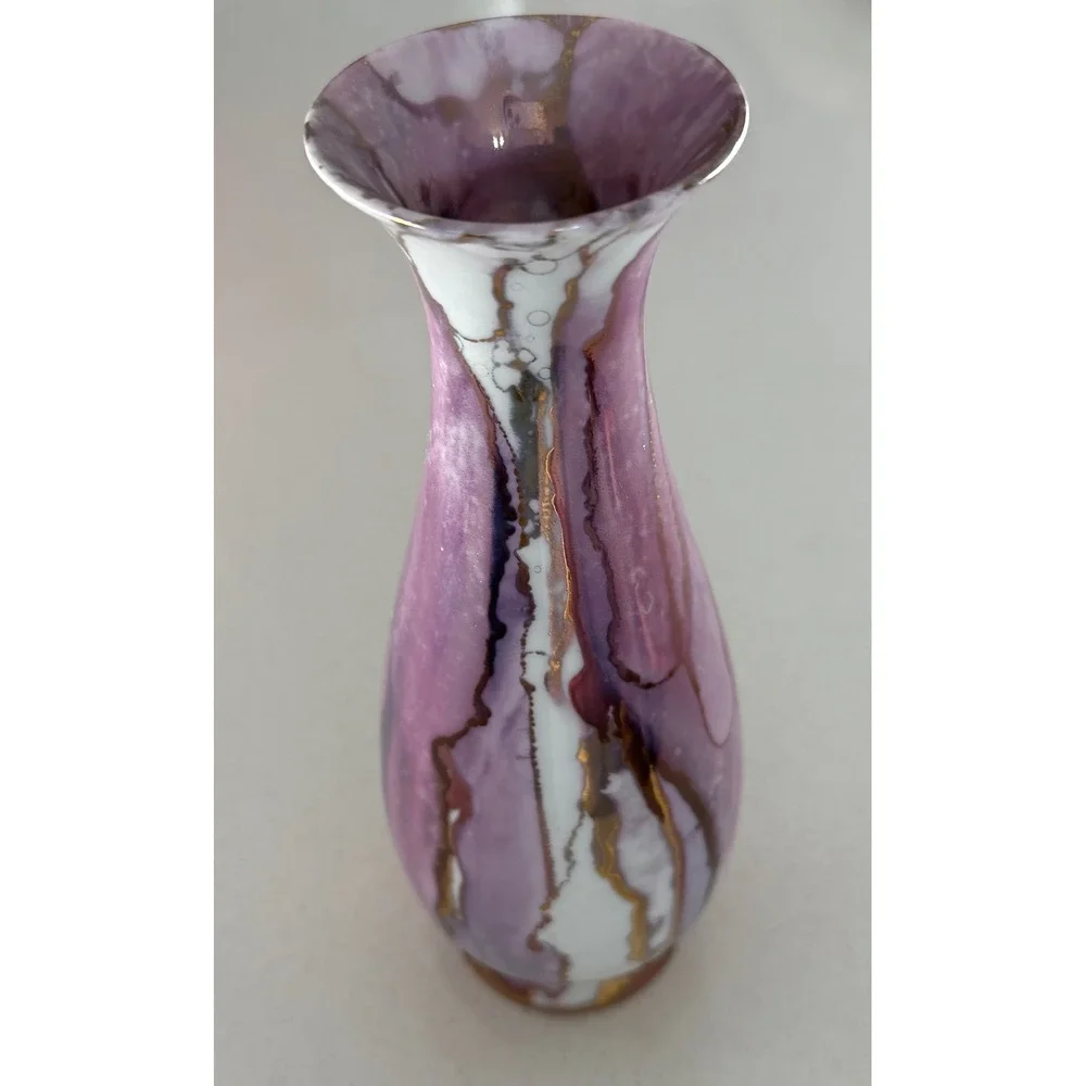 Elegant Porcelain studio Pottery Vase Amethyst White Gold Swirl Accents‎ 8.25